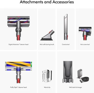 Shows all the attachments and accessories included with the vacuum to help shoppers understand the complete package and versatility they will receive.