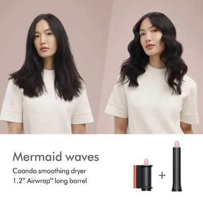 Demonstrates a specific styling result achievable with the Coanda smoothing dryer and long barrel attachment combination. Shows the styling transformation…