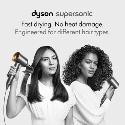 Communicates multiple key benefits of the Dyson Supersonic hair dryer, emphasizing speed, hair protection, and versatility for all hair types to appeal to a…