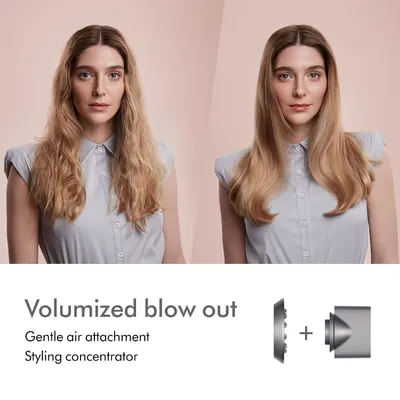 Demonstrates the transformation from frizzy to smooth, volumized hair achieved using the gentle air attachment and styling concentrator, proving the product's…
