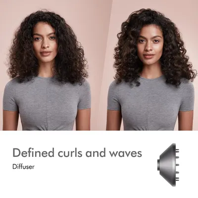 Shows the transformation from undefined to well-defined curls and waves using the diffuser attachment, demonstrating the product's ability to enhance natural…