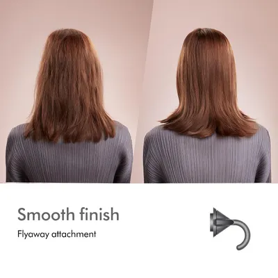 Demonstrates the transformation from frizzy to sleek, smooth hair using the flyaway attachment, proving the product's ability to tame flyaways and create a…