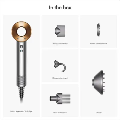 Shows all items included in the box to inform customers of the complete package they will receive, including the dryer and all styling attachments.