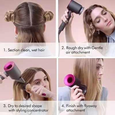 Provides a clear step-by-step guide on how to use the Dyson hair dryer with different attachments to achieve professional styling results at home.