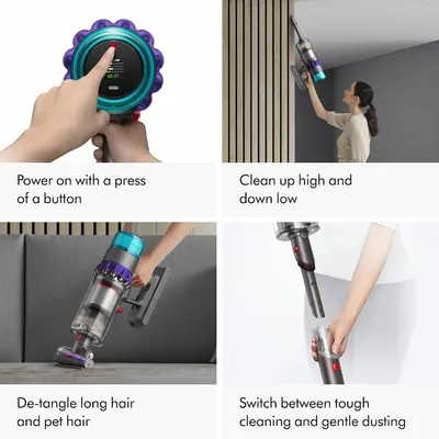 Demonstrates how to use the vacuum's various features including power button operation, high/low cleaning, hair detangling, and mode switching across different cleaning scenarios. Shows multiple…