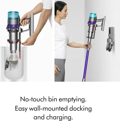 Highlights the convenient hygienic bin emptying and wall-mounted storage/charging system, emphasizing ease of maintenance and space-saving design.