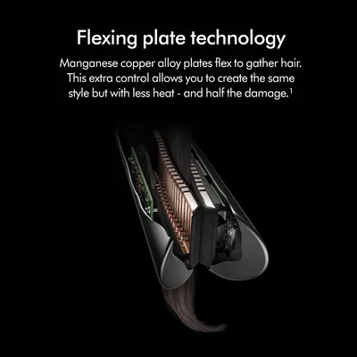 Highlights the internal flexing plate technology and material composition that enables the product to reduce heat damage while maintaining styling performance. Emphasizes the core benefit of reduced…
