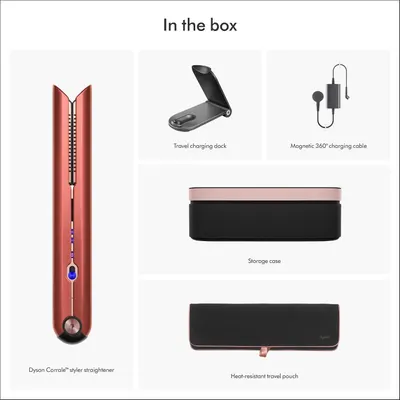 Shows everything included in the purchase: the straightener, travel charging dock, magnetic charging cable, storage case, and heat-resistant travel pouch.