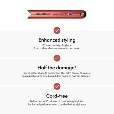 Presents three distinct product benefits in a segmented layout with checkmarks: styling versatility, damage reduction, and cordless operation with extended…