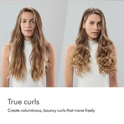 Demonstrates the transformation from natural hair to styled voluminous curls, proving the product's effectiveness at creating defined curl styles.
