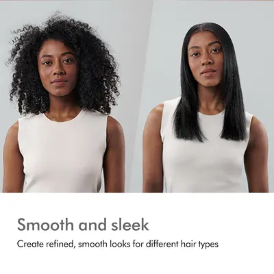 Shows the transformation from curly to straight hair, demonstrating the product's ability to create refined, smooth looks across different hair types.