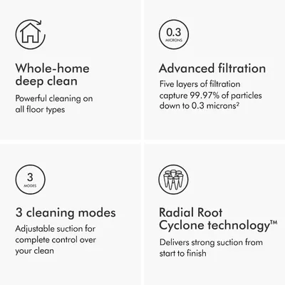 Showcases four distinct product benefits in a segmented layout: powerful cleaning on all floors, advanced particle filtration, adjustable suction modes, and…