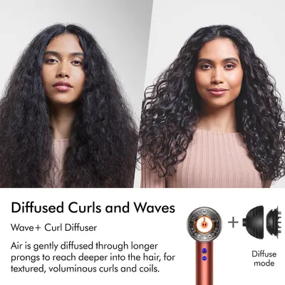 Demonstrates the transformation from frizzy hair to defined, voluminous curls using the Wave+Curl Diffuser attachment. Highlights the diffuser's ability to create textured, voluminous curls by…