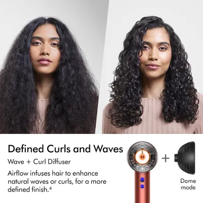 Shows the transformation from frizzy hair to more defined, polished curls using the Wave+Curl Diffuser in Dome mode. Communicates how the diffuser infuses hair to enhance natural waves or curls for…