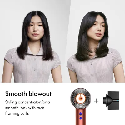 Demonstrates the transformation from straight hair to a smooth, voluminous blowout with face-framing curls using the styling concentrator. Highlights the styling concentrator's ability to create a…