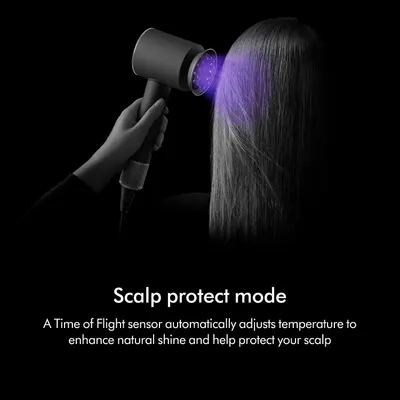 Communicates how the Time of Flight sensor automatically adjusts temperature to protect the scalp and enhance natural shine during styling.