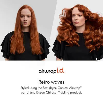 Visually proves the product's effectiveness by showing the dramatic transformation from straight hair to voluminous retro waves, demonstrating the styling results achievable with the Airwrap system.