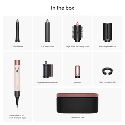 Clearly shows all components included with purchase in a labeled grid format, helping shoppers understand the complete value and versatility of the Dyson Airwrap i.d. system.