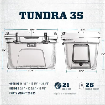 Provides exact physical dimensions of the Tundra 35 cooler from multiple angles, along with capacity metrics for cans of beer and pounds of ice to help…