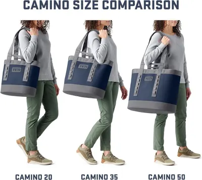 Helps shoppers choose the right size by showing the brand's three Camino bag options side-by-side on the same person for scale comparison.