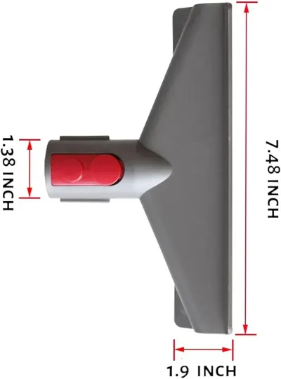 Displays the exact physical dimensions of the vacuum attachment (7.48 inch height, 1.38 inch width, 1.9 inch depth) to help shoppers understand its size.
