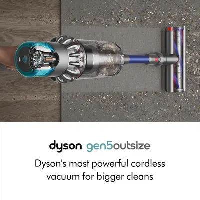 Introduces the Dyson gen5outsize model and positions it as Dyson's most powerful cordless vacuum for bigger cleans, establishing brand authority and product identity.