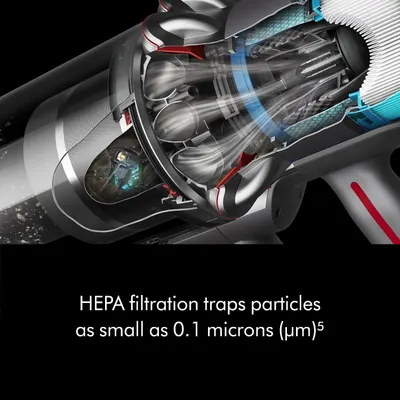 Shows the internal filtration mechanism and airflow path to demonstrate how the vacuum traps microscopic particles as small as 0.1 microns, reassuring shoppers about air quality and filtration…