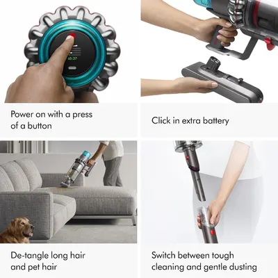 Displays four distinct ease-of-use and versatility features in a segmented grid: simple power control, extended battery option, hair de-tangling capability,…