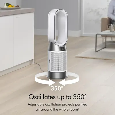 Highlights the product's 350-degree adjustable oscillation capability to demonstrate whole-room air distribution and coverage. Communicates the benefit of comprehensive room coverage through…