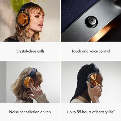 Showcases multiple key features in a segmented layout to communicate the headphones' versatility and comprehensive functionality.