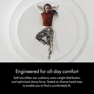 Emphasizes the comfort engineering with soft cushions and optimized fit to reassure shoppers they can wear the headphones for extended periods.
