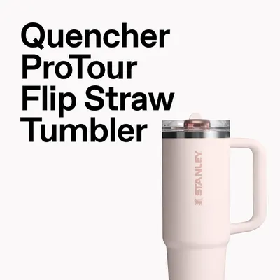 Introduces the product name and brand identity to establish recognition and communicate the specific product line (Quencher ProTour Flip Straw Tumbler).
