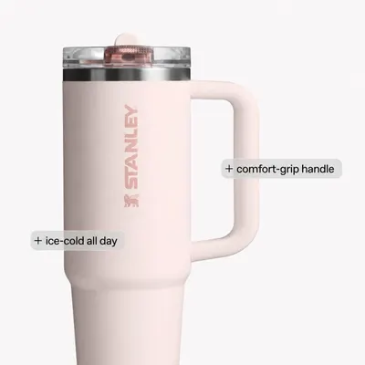 Points out two key product features with callouts: the ergonomic handle design and the insulation performance. Highlights two distinct benefits (comfortable handling and all-day cold retention) to…