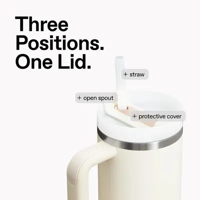 Breaks down the versatile lid design showing three drinking positions (straw, open spout, protective cover) to demonstrate the product's functional flexibility. Communicates the convenience and…