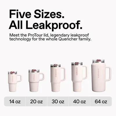 Showcases the Stanley Quencher product line with five available size options (14oz to 64oz) and highlights the universal leakproof ProTour lid technology across the entire family.