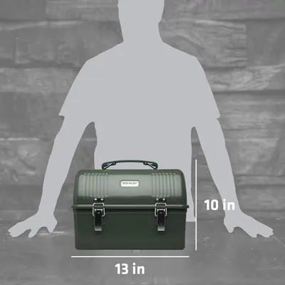 Shows the physical size of the lunch box (13 inches by 10 inches) using dimensional overlays and a human silhouette for scale, helping shoppers understand how big the product is.