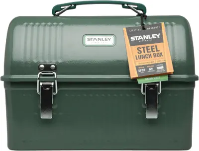 Shows the lunch box with its original packaging tag attached, providing a clean product view that includes branding and product information.