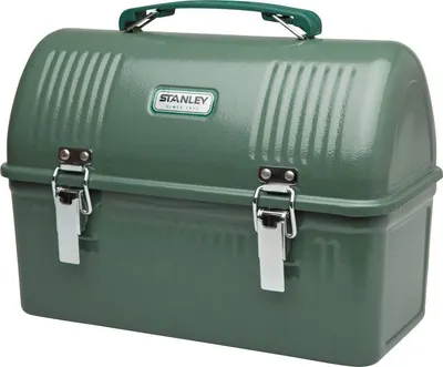 Provides a clean, catalog-style view of the Stanley lunch box from the front, showing its design, handle, and latches without distractions.