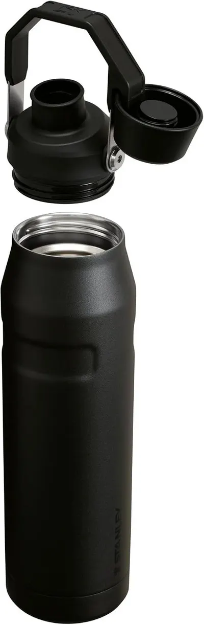 Shows all the components included with the bottle purchase, including the main bottle body, lid with handle, and additional cap piece.