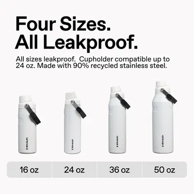 Showcases the brand's product lineup across four size options while highlighting leakproof performance and eco-friendly recycled stainless steel construction. Communicates multiple benefits…