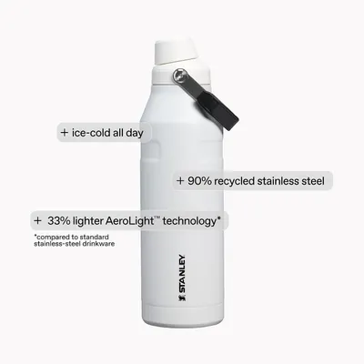 Highlights three distinct benefits: all-day temperature retention, sustainable materials, and lightweight construction compared to standard drinkware.