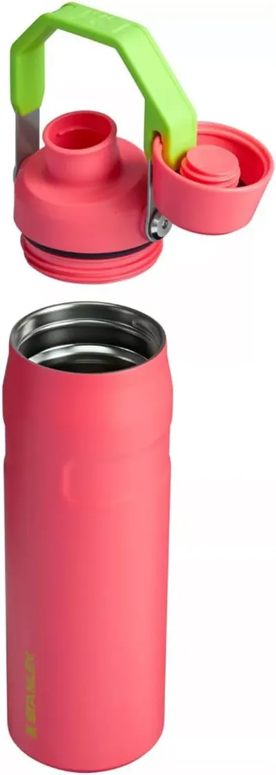 Shows the water bottle's internal construction and how the lid, cap, and body separate to demonstrate the product's build quality and functional design.