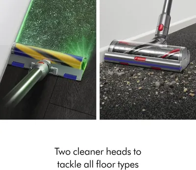 Highlights the inclusion of two specialized cleaner heads that work together to tackle all floor types, reassuring shoppers of versatile cleaning performance.