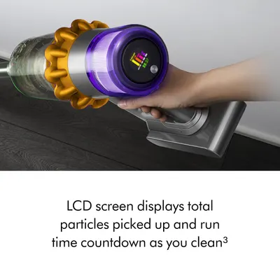 Showcases the LCD screen feature that displays total particles picked up and run time countdown, giving shoppers real-time feedback and control during cleaning.