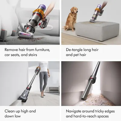Demonstrates multiple use cases and cleaning scenarios where the vacuum excels, from furniture and pet hair to high/low areas and hard-to-reach spaces.