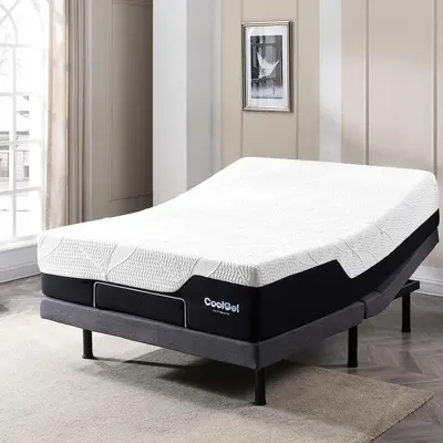 Shows the mattress on an adjustable base in a real bedroom setting, demonstrating its flexibility and compatibility with adjustable frames.