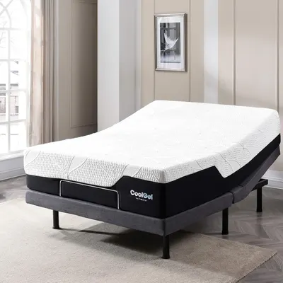 Displays the mattress on an adjustable base in an elegant bedroom environment, helping shoppers visualize the product's flexibility and real-world appearance.