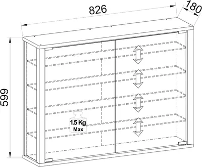 Provides exact physical dimensions (826 x 599 x 180) and weight capacity (1.5 Kg Max per shelf) with arrows and measurements to help shoppers understand the product's size and load-bearing…