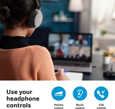 Shows which physical controls handle volume, music and calls, so shoppers see how simple daily use is. Lists three control functions in a segmented icon row, reassuring shoppers that everything is…