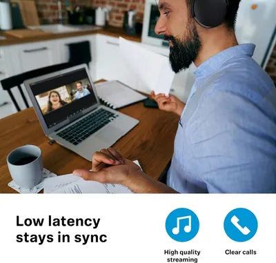 Shows low latency, streaming quality and call clarity in icon blocks, reassuring remote workers that audio stays in sync.